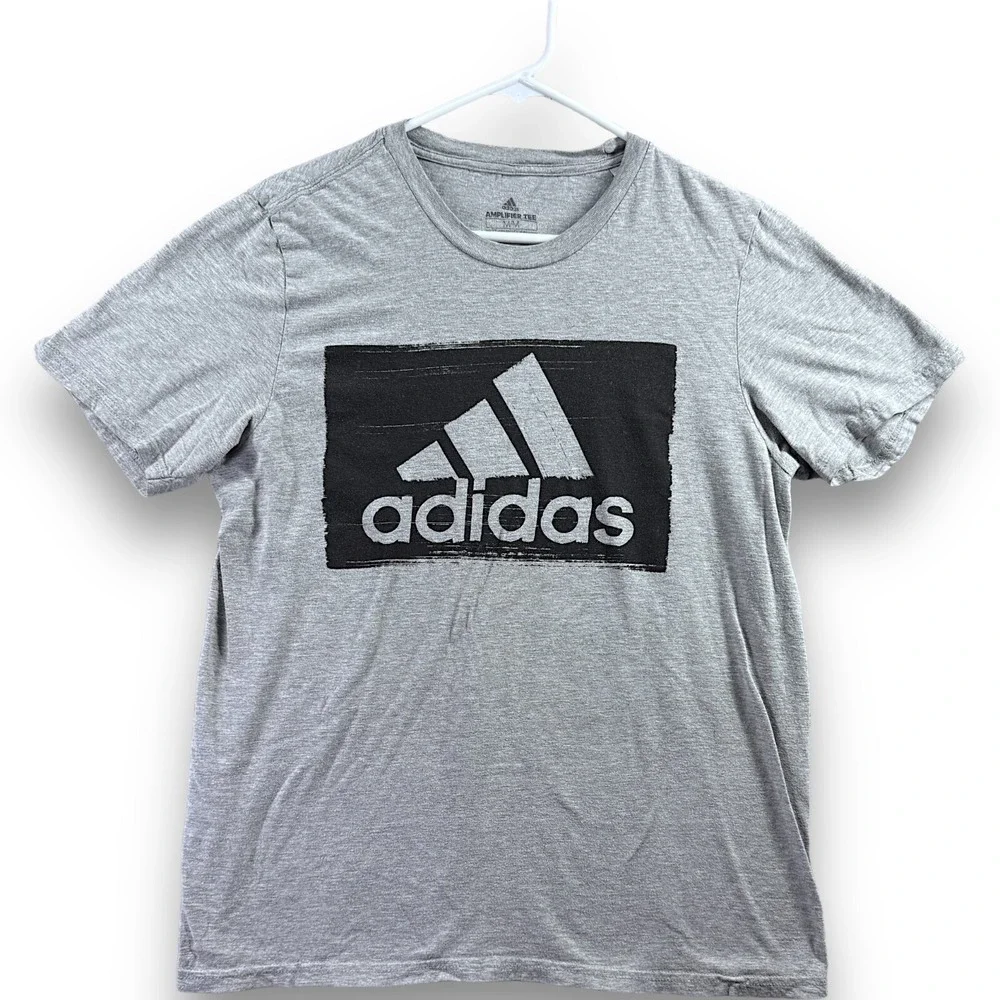 Adidas Amplifier Tee Mens Medium Gray Black Box Logo Workout Athletic T-Shirt